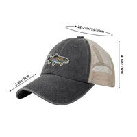 Casquette Poisson Truite Mouchetée – Gris Anthracite et Beige, vue de face avec dimensions indiquées