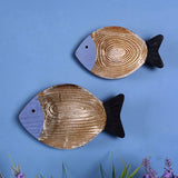 décoration murale poisson en bois lot de 2 sur fond bleu