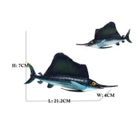 Vue de la Figurine Espadon à Voile avec ses dimensions, mesurant 21,2 cm de longueur, 7 cm de hauteur et 4 cm de largeur.