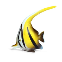 Figurine Poisson Ange Jaune en résine, arborant un corps jaune vif avec des rayures noires et une longue nageoire dorsale.
