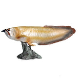 Figurine Poisson Arowana Jaune en résine, avec un dégradé doré et argenté, posée sur un socle rocheux.
