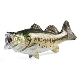 Figurine Poisson Black Bass de couleur dorée et verte, présentée de profil sur fond blanc, avec la bouche ouverte et des détails réalistes.