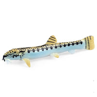 Figurine Poisson Loach Sibérien en résine, au corps élancé bleu et jaune, orné de motifs noirs.
