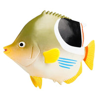 Figurine Poisson Papillon Tropical en résine, arborant des couleurs jaunes et blanches avec un grand motif noir sur le flanc.
