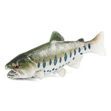 Figurine Poisson Truite Arc-en-Ciel de couleur argentée et verte, présentée de profil sur fond blanc, mettant en valeur ses taches bleues et sa bouche ouverte