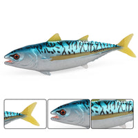Différents gros plans de la Figurine Thon Listao – Thunnus Albacares, illustrant la précision des écailles bleutées et de la nageoire caudale jaune.
