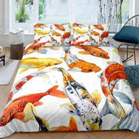 Housse de couette Poisson Carpe Koï Traditionnel, montrant plusieurs carpes colorées sur fond blanc pour une décoration zen.