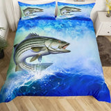 housse de couette poisson bar rayé style aquatique bleu