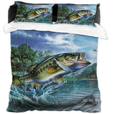 housse de couette poisson bass pécheur et paysage lacustre