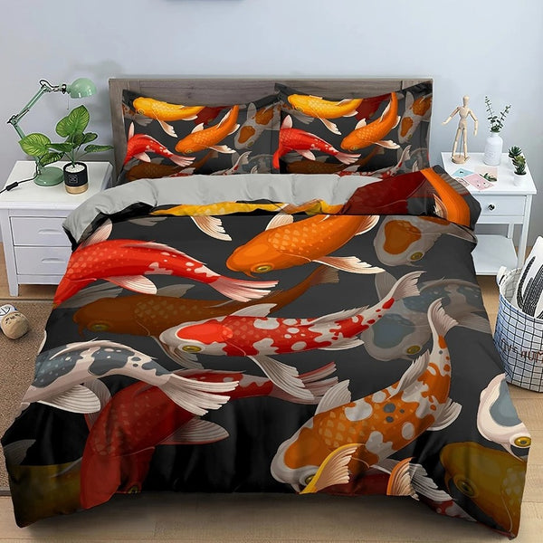 housse de couette poisson carpe koi fond noir