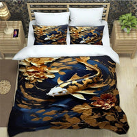 housse de couette poisson koi art déco doré