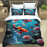 housse de couette poisson koi coloré avec fleurs