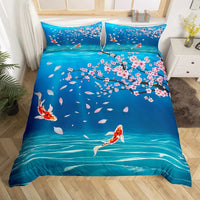 housse de couette poisson koi fleurs de cerisier sur fond bleu