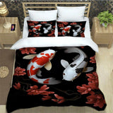 housse de couette poisson koi noir et blanc avec fleurs rouges