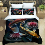 housse de couette poisson koi rouge et blanc sur fond noir