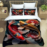 housse de couette poisson koï rouge et doré avec lotus