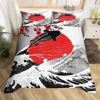 housse de couette poisson koi soleil rouge et fleurs