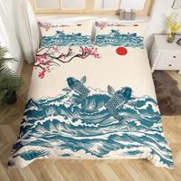 housse de couette poisson koi vagues bleues