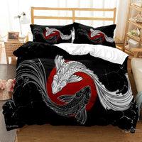 housse de couette poisson koi yin et yang noir et rouge 