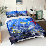 Housse de couette Poisson récif tropical, présentant un décor sous-marin coloré avec poissons exotiques, coraux et étoiles de mer, pour une ambiance marine dans la chambre