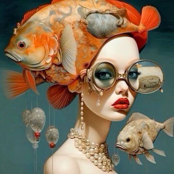 poster femme chapelier avec gros poisson