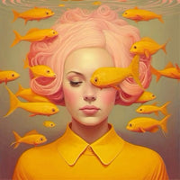 poster femme cheveux roses et poissons jaunes