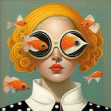 poster femme élégante avec lunettes et poissons tropicaux