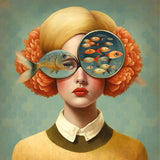 poster femme lunettes avec banc de poissons