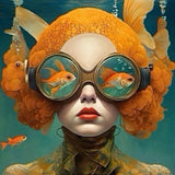 poster femme lunettes plongée avec poissons rouges