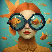 poster femme sous l'eau avec poissons rouges