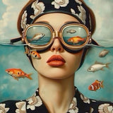 poster femme vintage plongée et poissons tropicaux